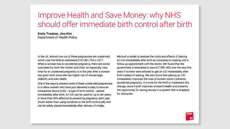 Improve Health and Save Money: why NHS should offer immediate birth control after birth