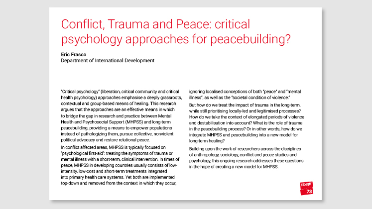 Conflict, Trauma and Peace: critical psychology approaches for peacebuilding?