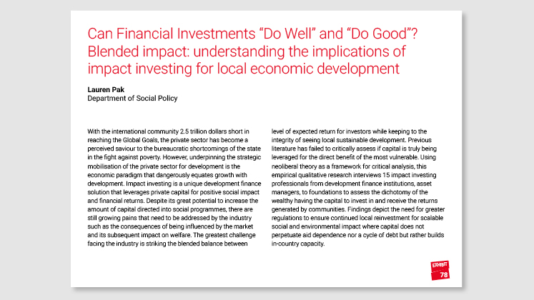 Can Financial Investments "Do Well" and "Do Good"? Blended Impact: understanding the implications of impact investing for local economic development