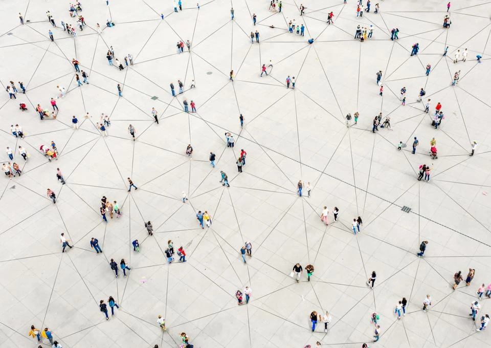 Aerial view of crowd connected by lines