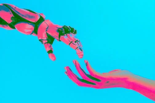 A stylised view of a hand reaching out for a robot hand against a blue background