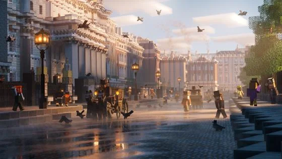 Victorian street scene by Lincoln's Inn Fields. There is a wide road, horse and carriage, old street lamps and people are crossing the road in top hats.