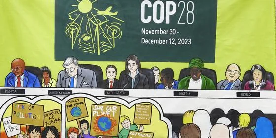 Art image of COP28 meeting showing protesters and delegates