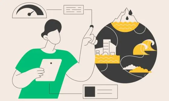 Illustration of person holding a tablet pointing at a globe