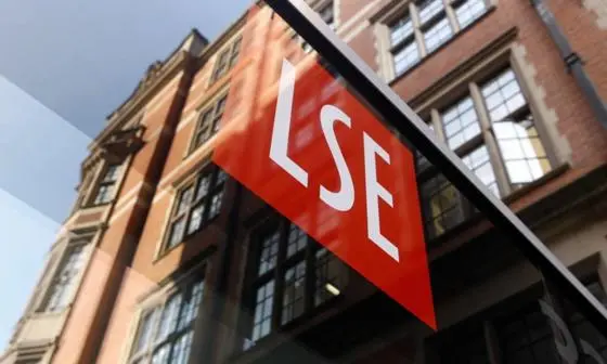 The LSE logo reflected in a window