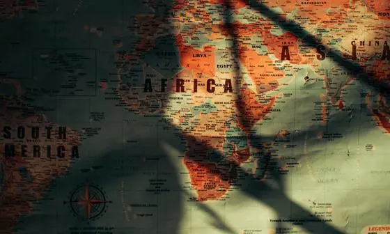 A map in half shadow depicting Africa, South America and Asia