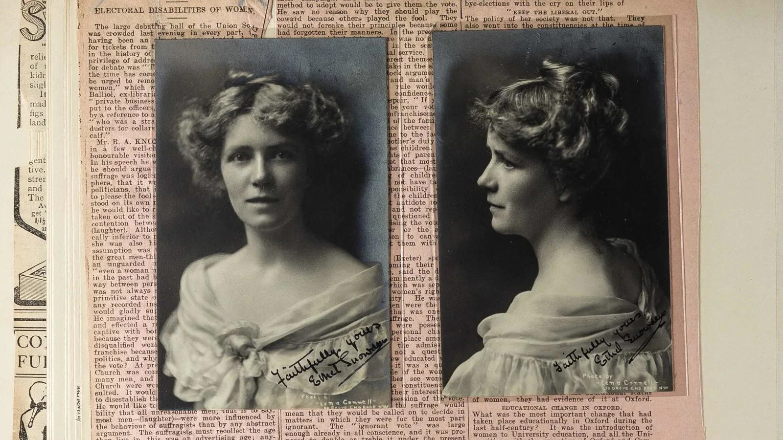 Photos and newspaper cuttings in a scrapbook.