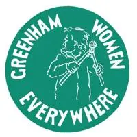 A green logo with Greenham Women Everywhere and a woman with bolt cutters on it.