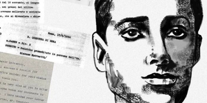 Docuents and a drawn portrait of Matteotti