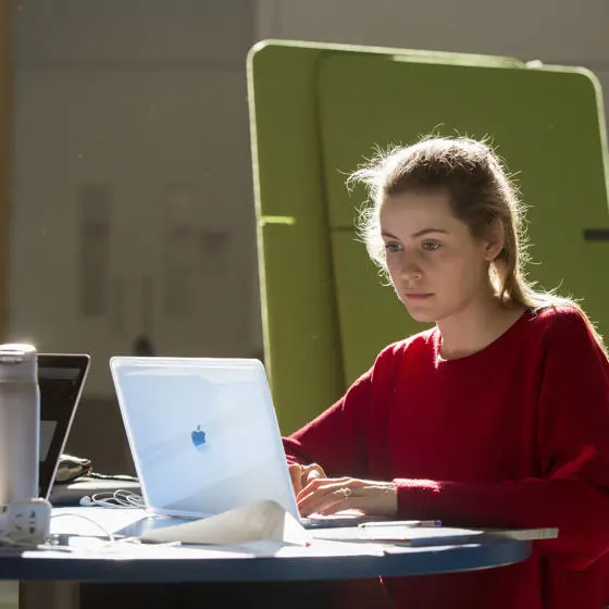A person sitting in the LSE Library looking at their laptop
