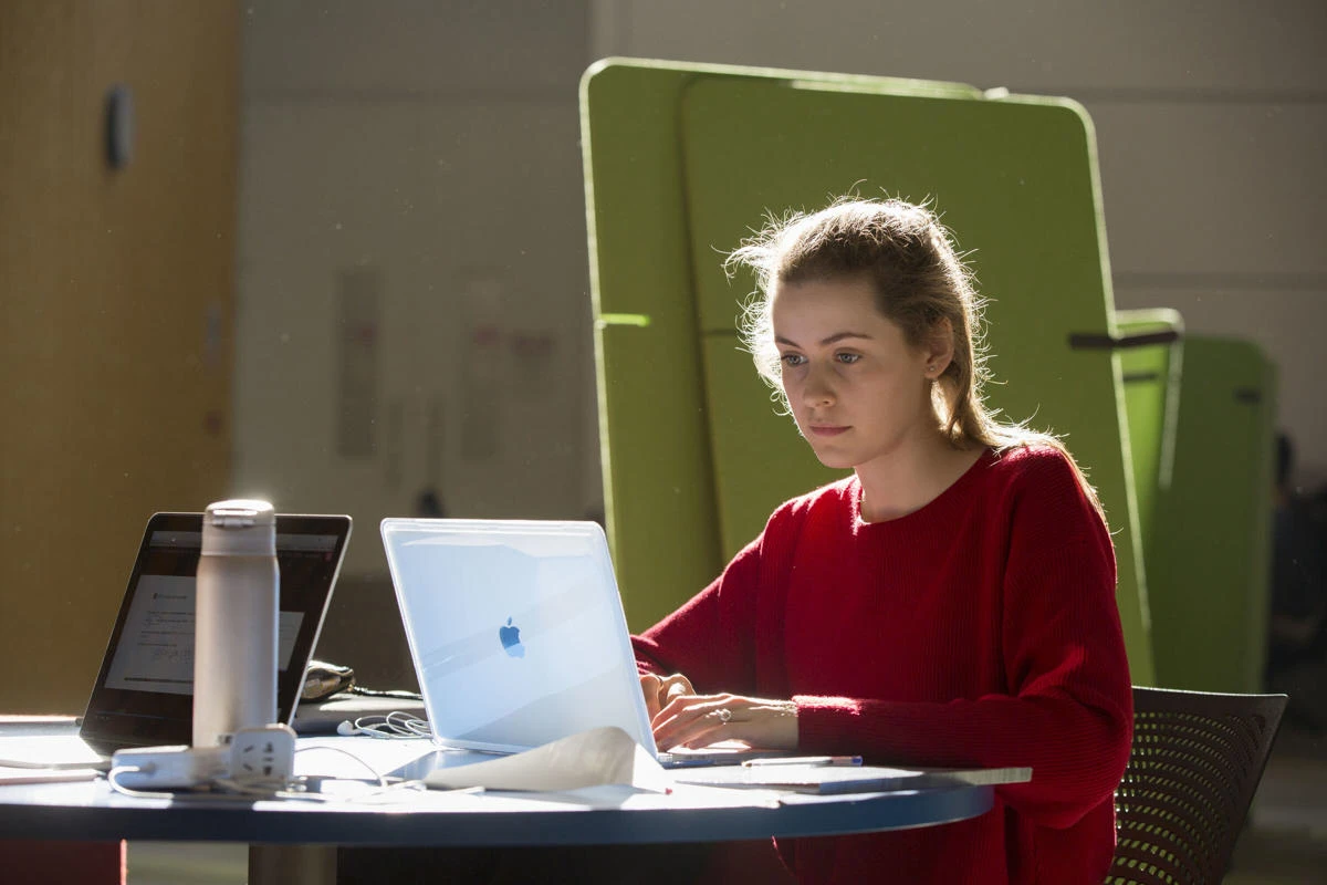 A person sitting in the LSE Library looking at their laptop