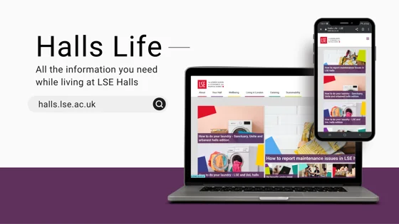 The LSE Halls Life website displayed on a laptop and smartphone