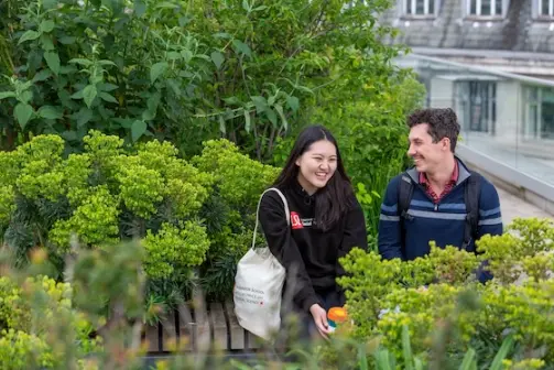 Students sat in a garden
