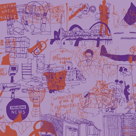 Stencil drawn graphic of human rights assocated items