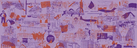 Stencil drawn graphic of human rights assocated items