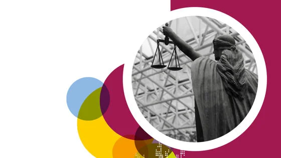 Promo image for Dr Theresa Squatrito's talk featuring a statue of the scales of justice