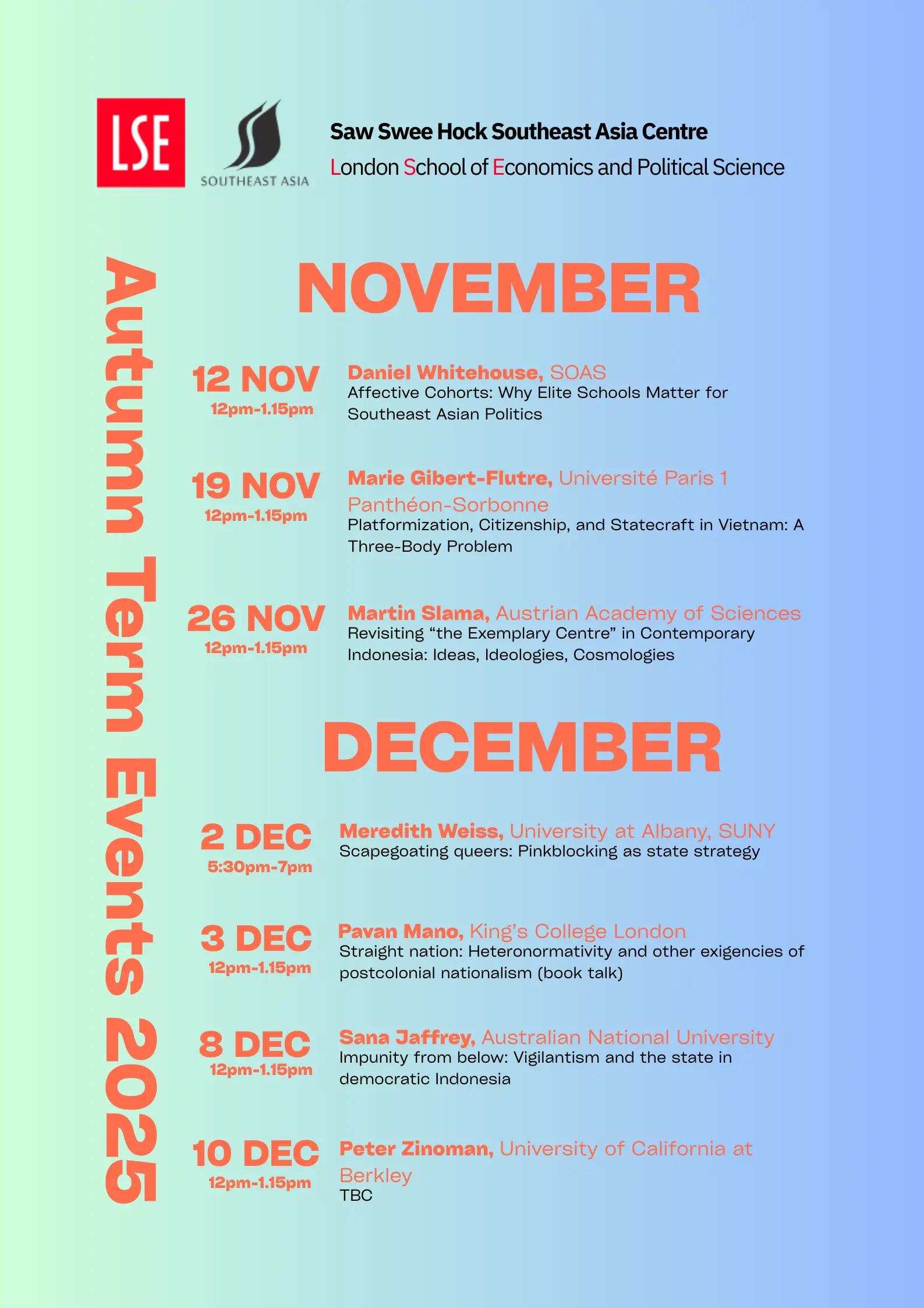 An image showing SEAC's November - December 2025 event programme