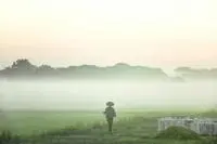 A person standing in a field in a fog.