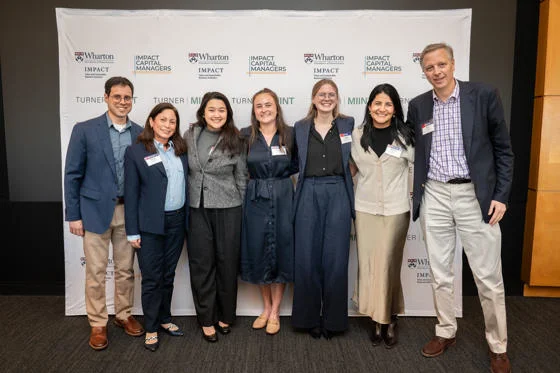 From left to right: panel judge, Claudia Villanueva (MPA), Joviana Aprilia (MPA), Micaela Duffy (MPA), Daniela Saade (MPP), Sarah Swackhamer (MPA), and panel judge at the Turner MIINT global finals