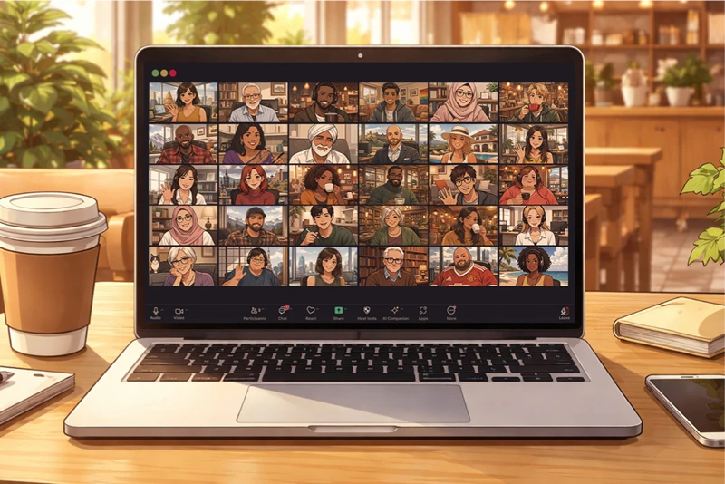 An open laptop with a screen showing an online meeting.