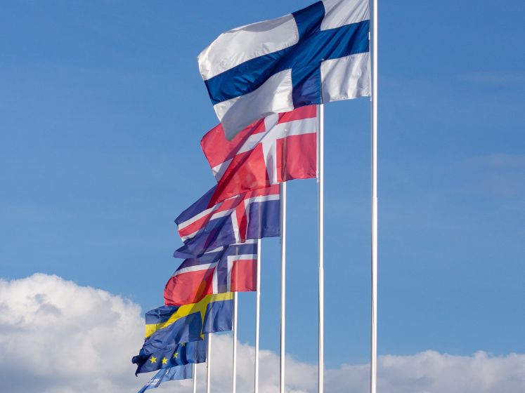 A series of raised flags from European countries.