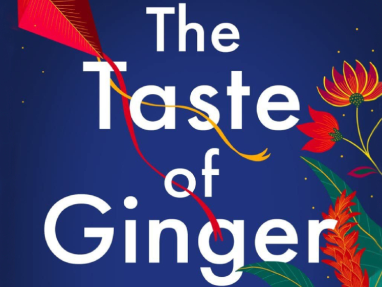 Taste of Ginger book cover showing the title in white writing against a blue background with red flowers, green leaves and a red kite.