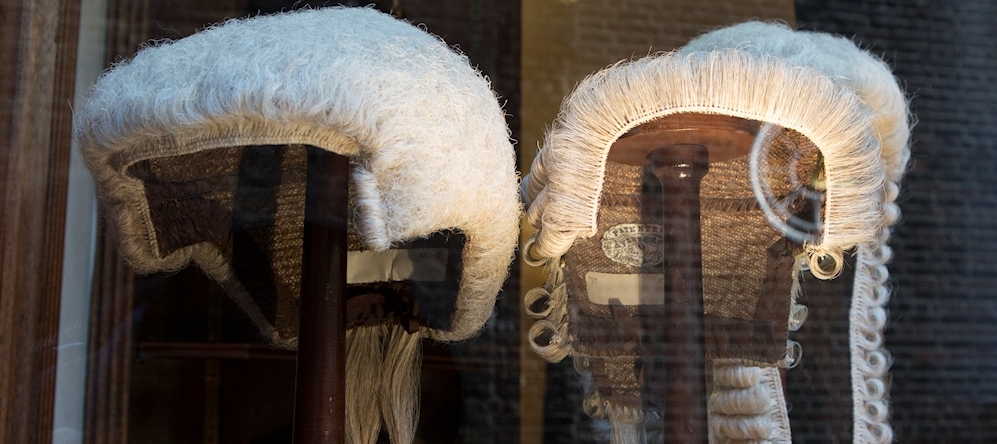 Judge's wigs in shop window