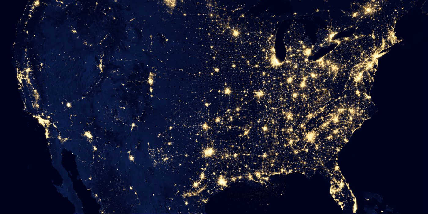 A night shot of the USA from space showing light pollution (or not) with the brightest and tightest areas of light on the east coast.