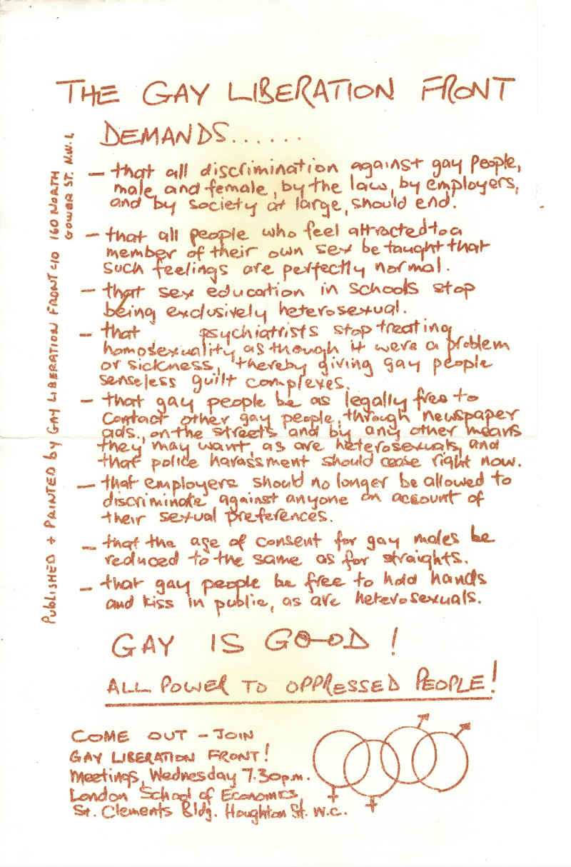 Handwritten list of demands by the Gay Liberation Front.