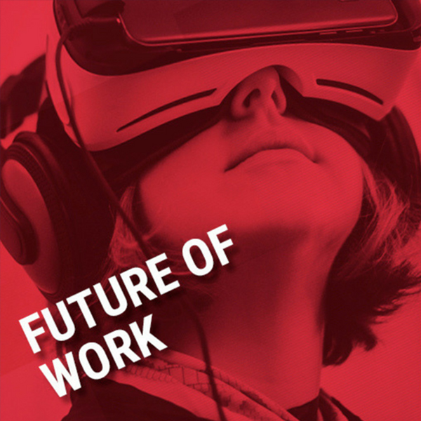 Image of a women wearing a virtual reality headset with the words future of work