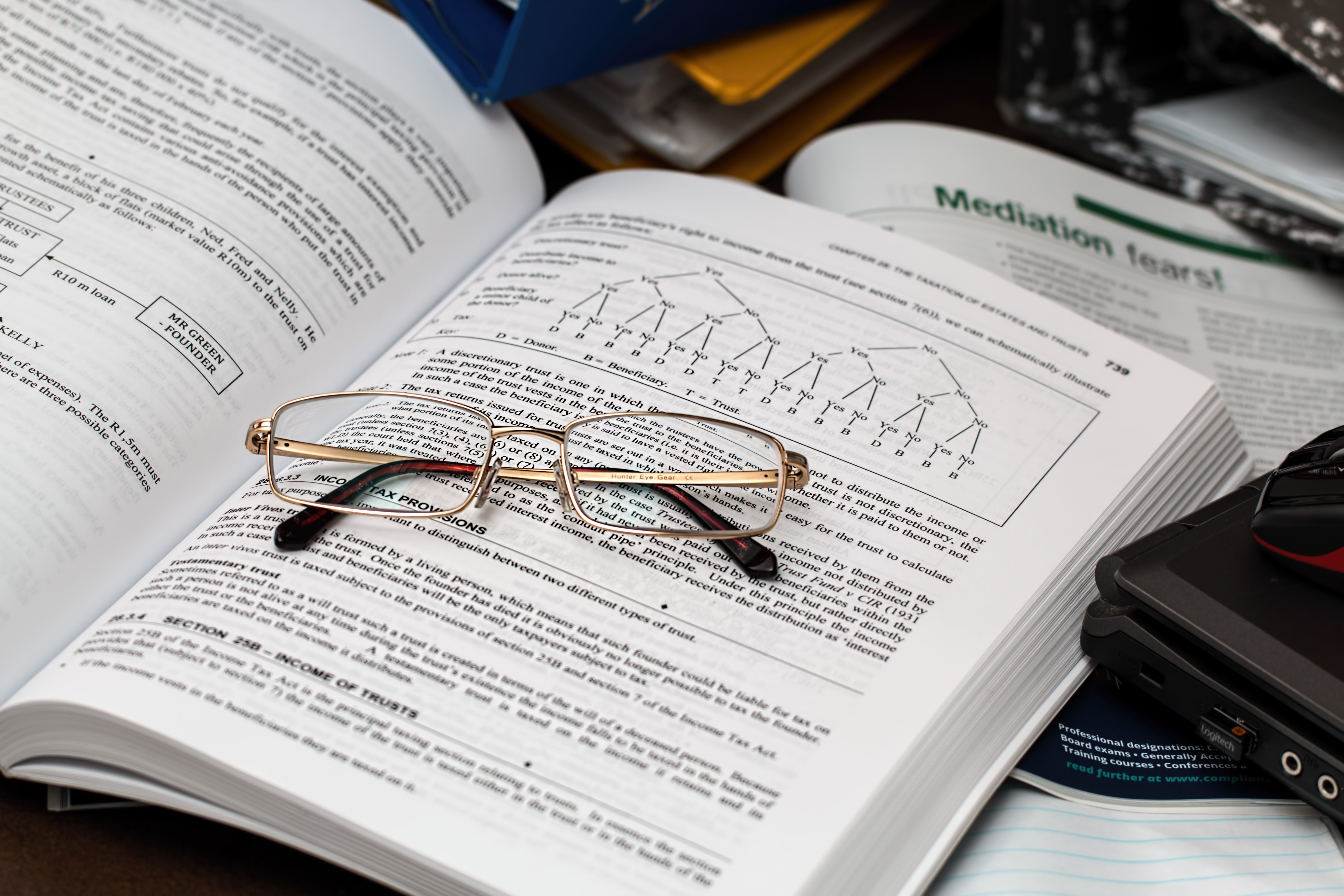 A pair of glasses on an open research book