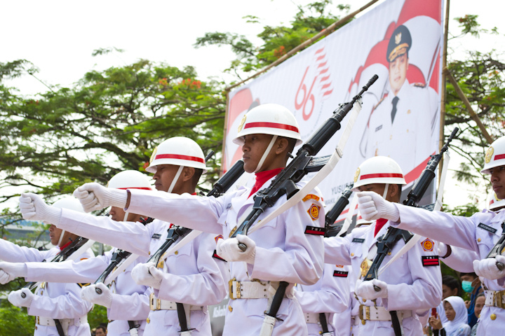 Indonesian soldiers marching in uniform