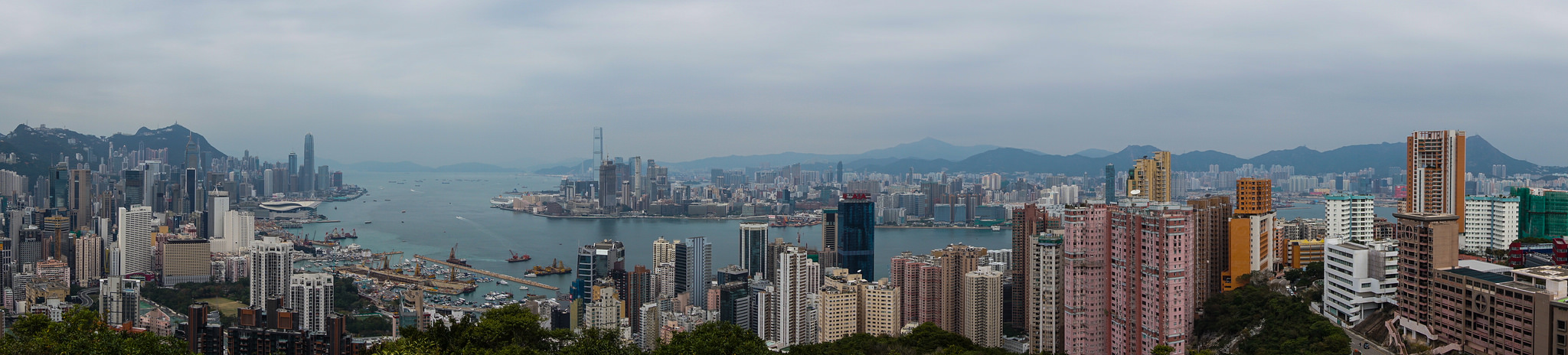 A panoramic view over Hong Kong's buildings and bay