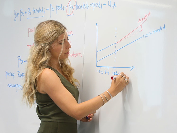 Dr Ria Ivandic draws a graph demonstrating theories