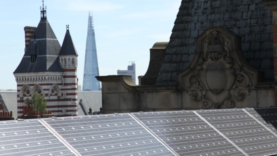 Solar panel on campus roof with the Shard in the background