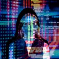 Abstract image of data projected on women's face and background_sourced via Canva