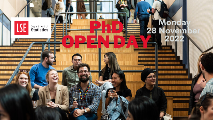 Photo of a group of smiling people. Text states LSE Statistics PhD Open Day, Monday 28 November 2022