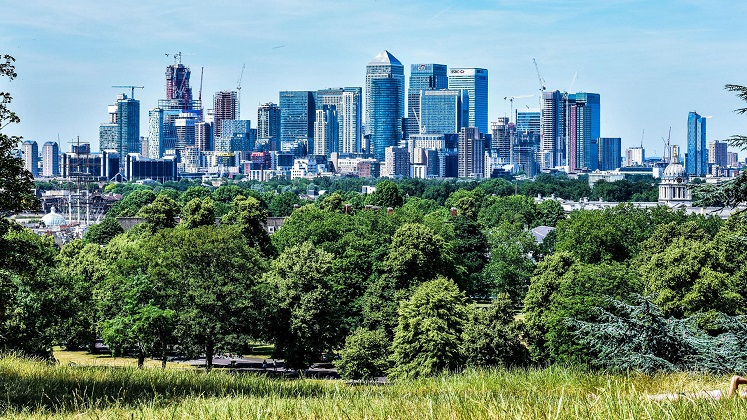 A park in front of a city