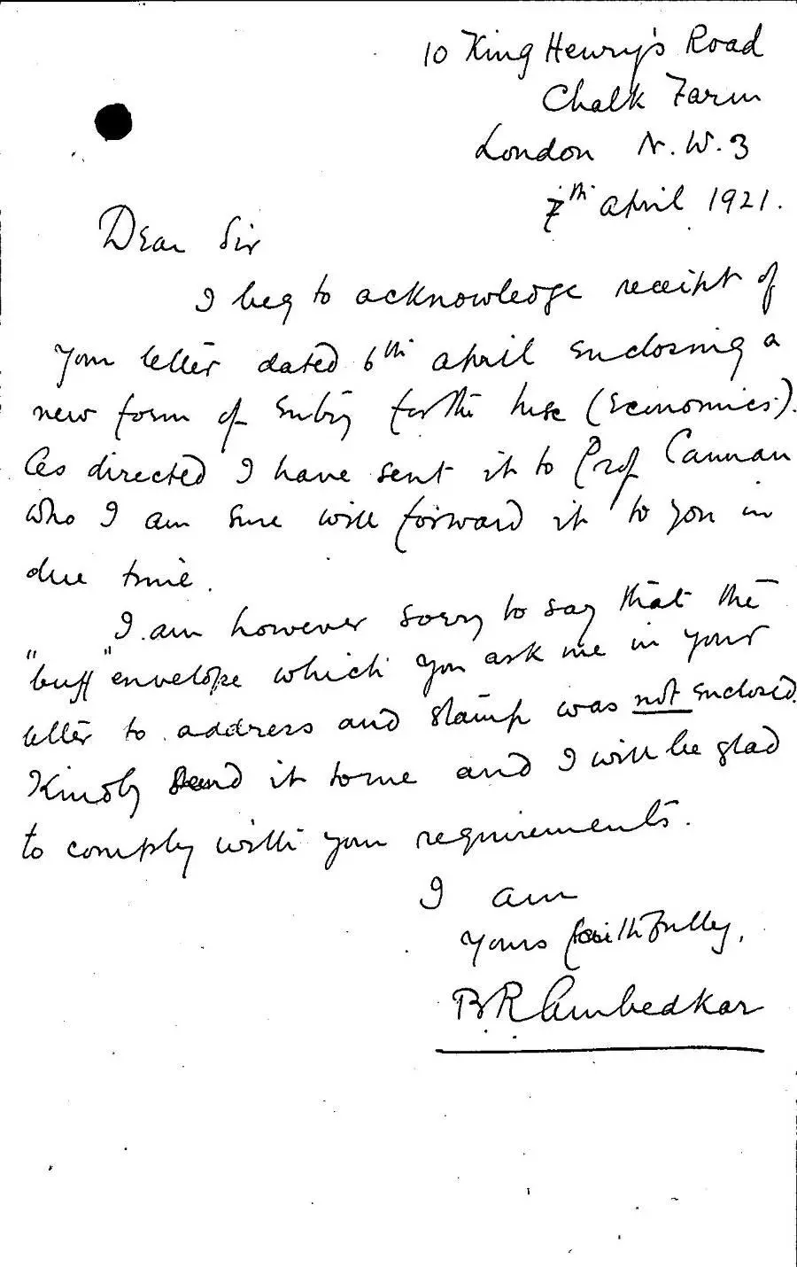 Ambedkar’s reply to school secretary, 1921, LSE student file