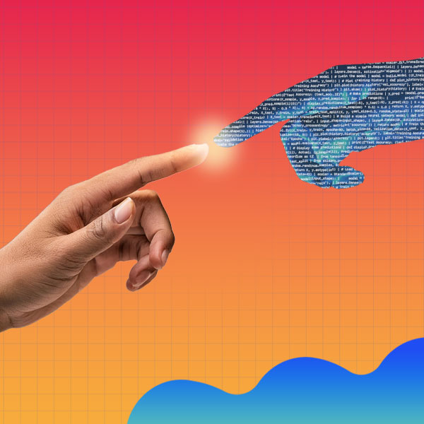 Human and AI fingers touching