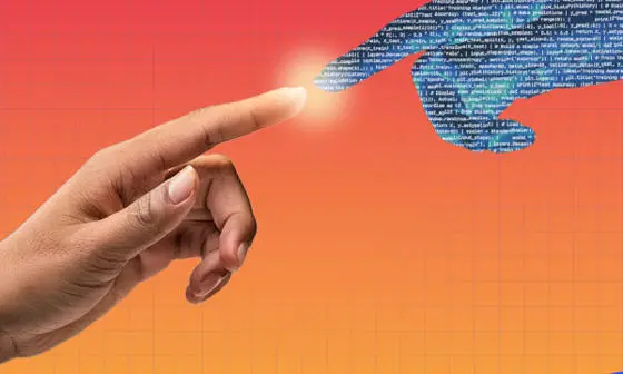 Human and AI fingers touching