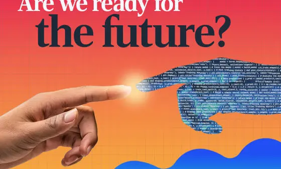 AI tech society promo, human hand touches data hand