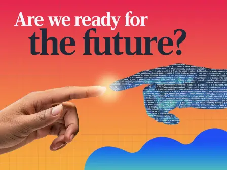 A human hand and a digital hand made of code reach out towards each other, touching fingers. The background is a gradient of red to orange with abstract waves.