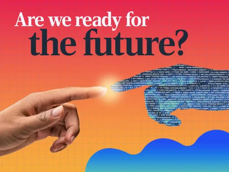 A human hand and a digital hand made of code reach out towards each other, touching fingers. The background is a gradient of red to orange with abstract waves.