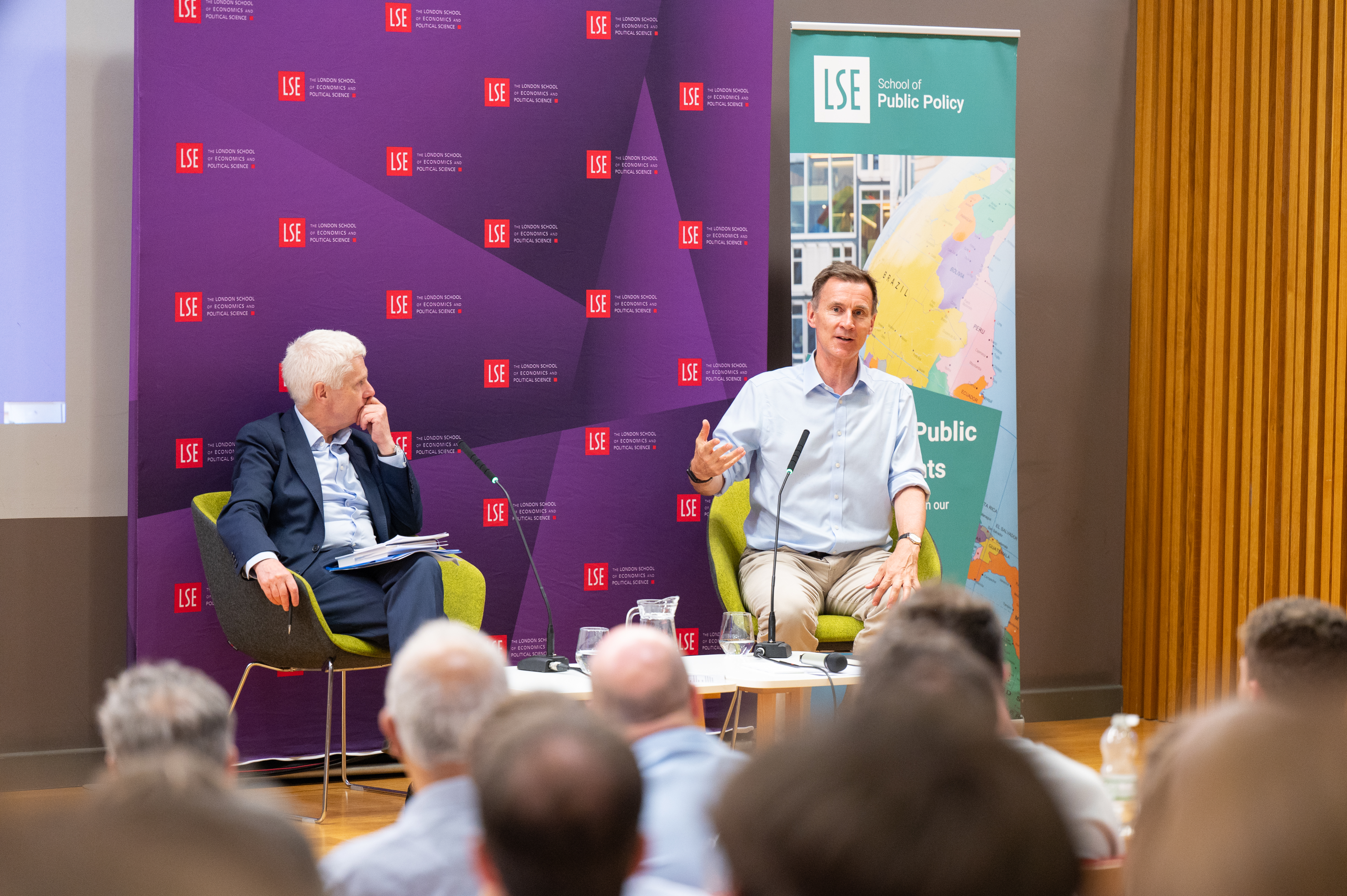 Sir Jeremy Hunt MP speaking with Professor Tony Travers at an LSE School of Public Policy event.