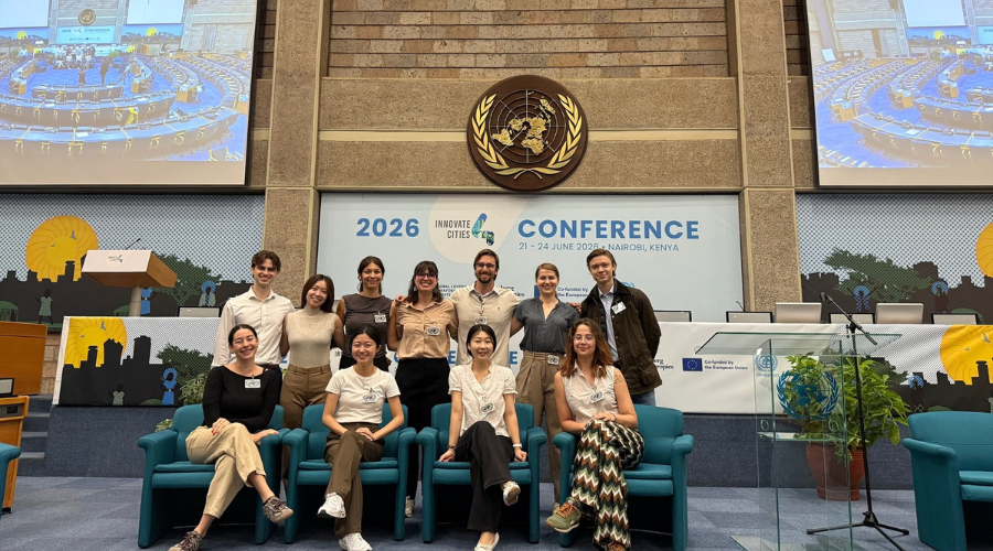 A photo of 11 students posing at the UN Conference in Nairobi, Kenya. 