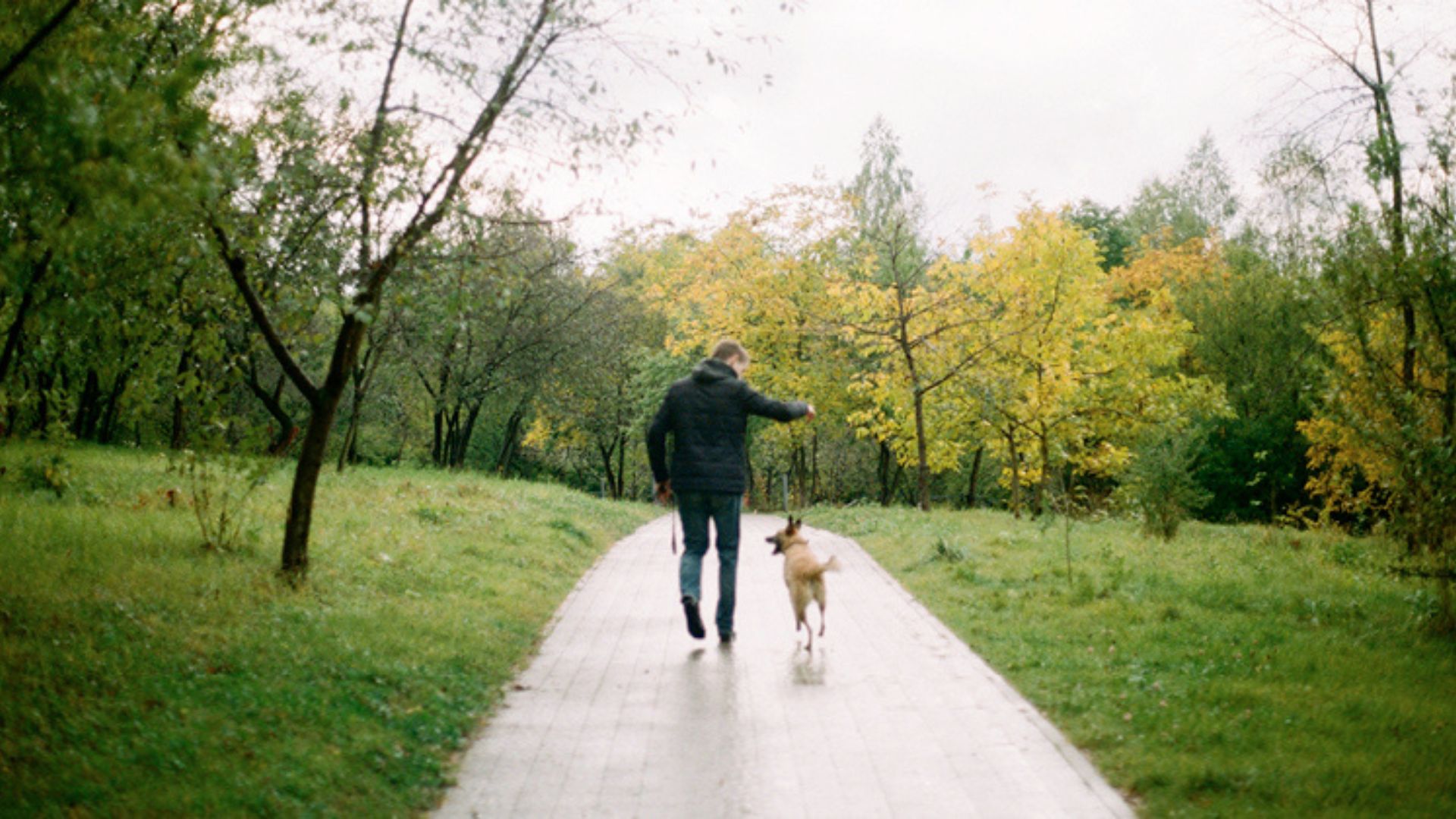 A person running along a path with a dog running with him