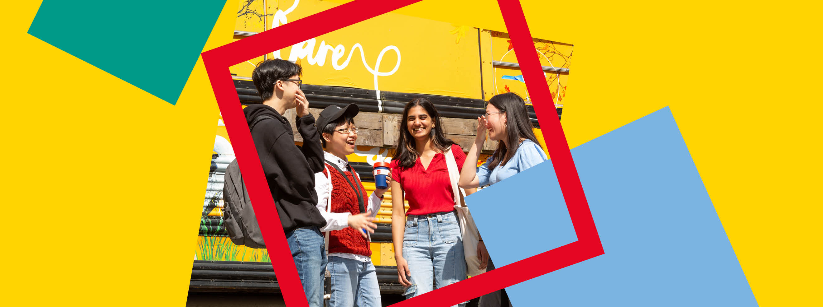Students chatting on yellow background