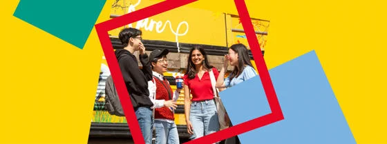 Students chatting on yellow background