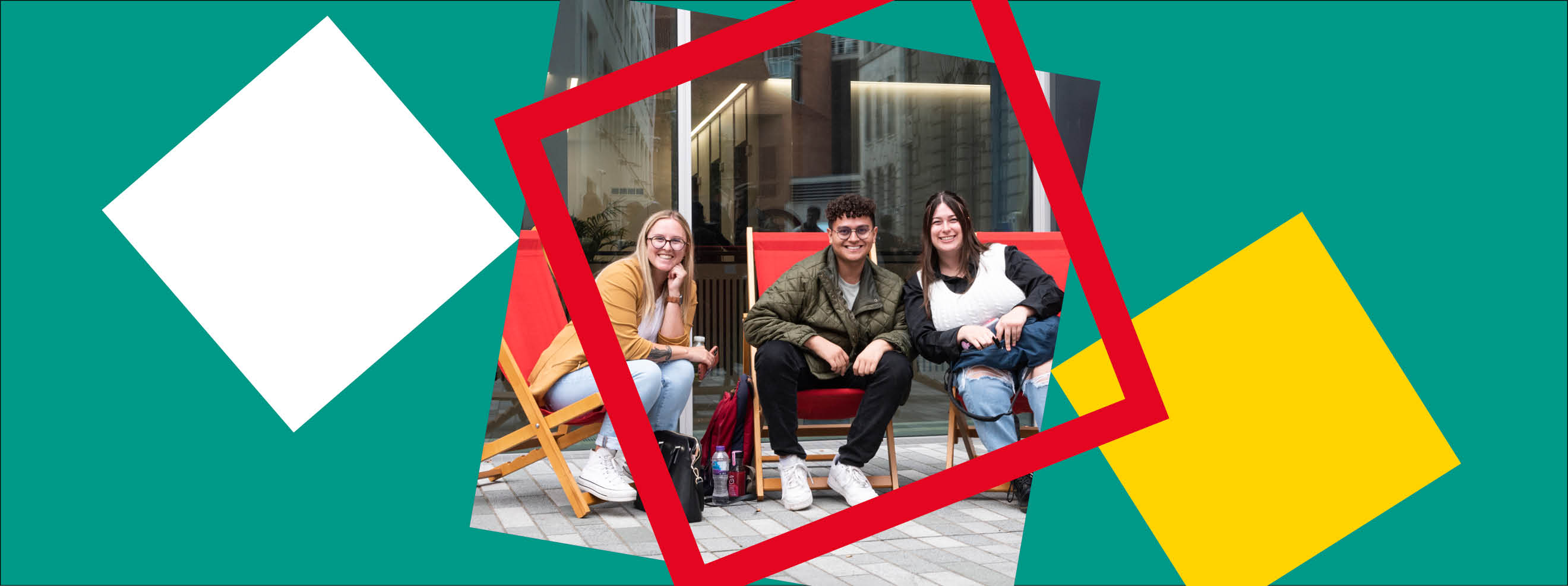 Welcome 2026 Events - green background with white and yellow squares and red frame. Three students sitting on deckchairs smiling at camera.